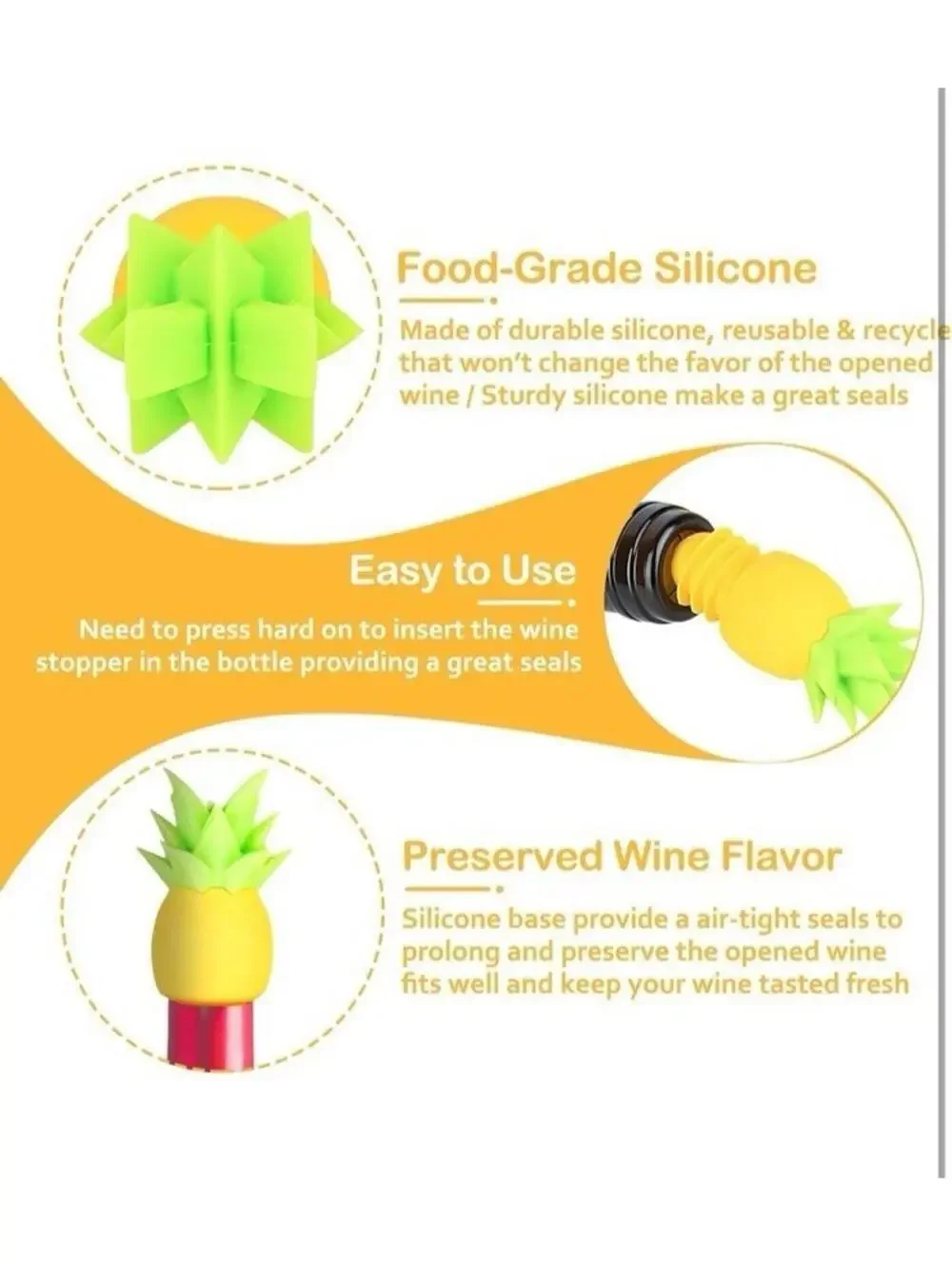 4pc Pineapple Silicone Wine Stopper Set Bottle Sealer Saver Reusable Yellow New